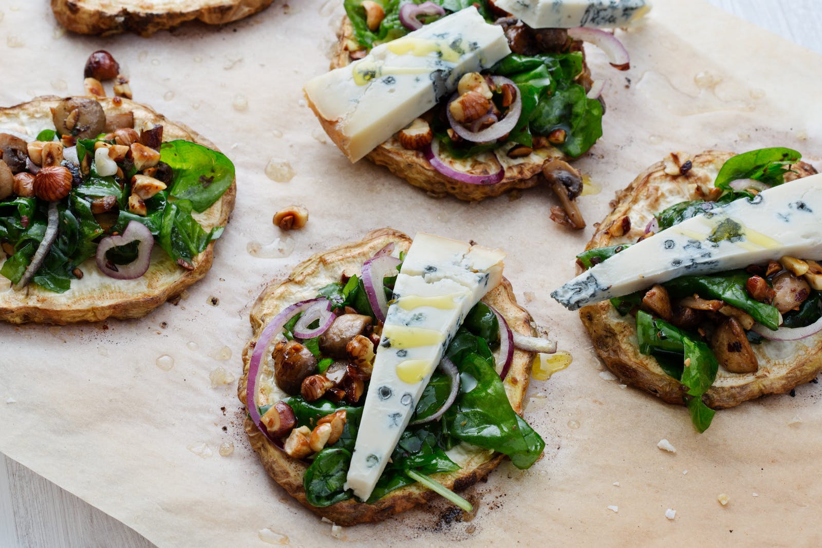 BAKED CELERY ROOT WITH MUSHROOMS AND GORGONZOLA