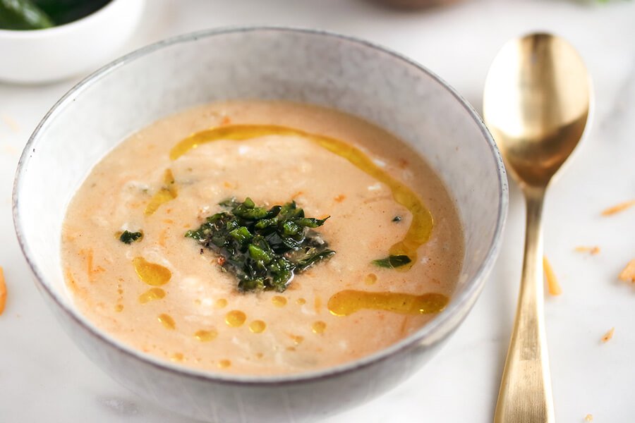 SOUP WITH ROASTED PABLANO AND CHEDDAR CHEESE